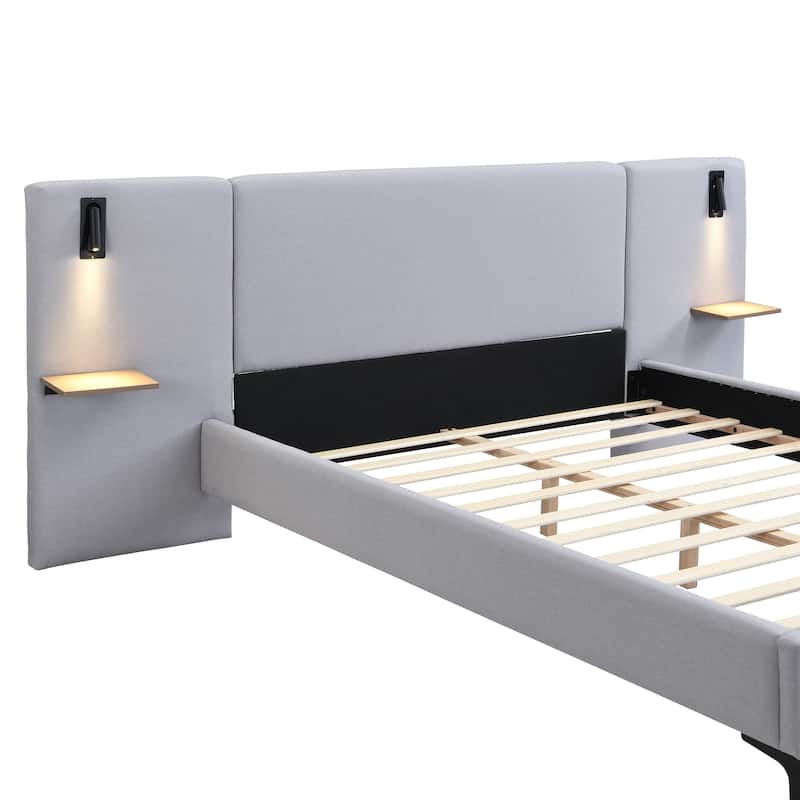 Grey Linen Upholstered Bed with Integrated Lights and Shelves, Queen Size