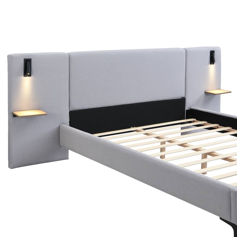 Roomfitters Linen Upholstered Bed with Integrated Lights and Shelves, Gray