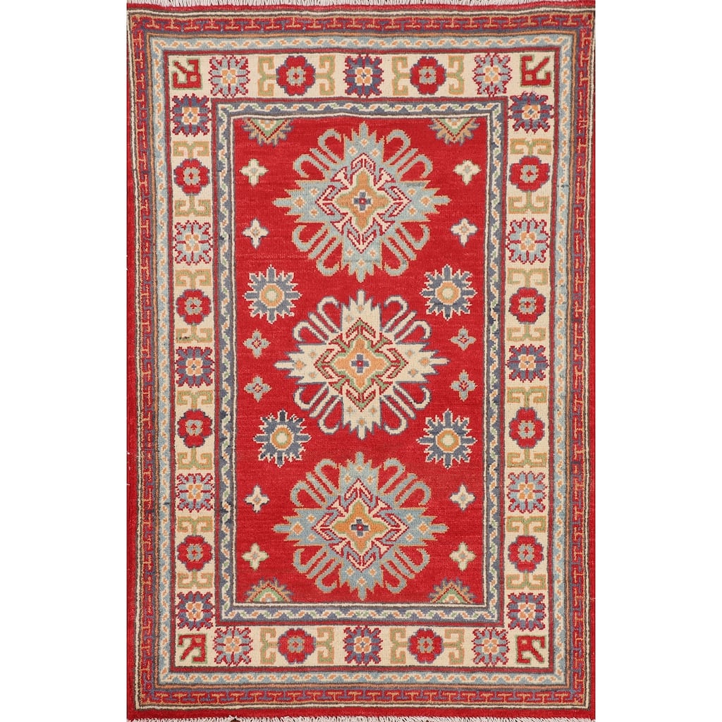Geometric Red Kazak Foyer Rug Hand-Knotted Oriental Wool Carpet - 2'7" x 4'3"