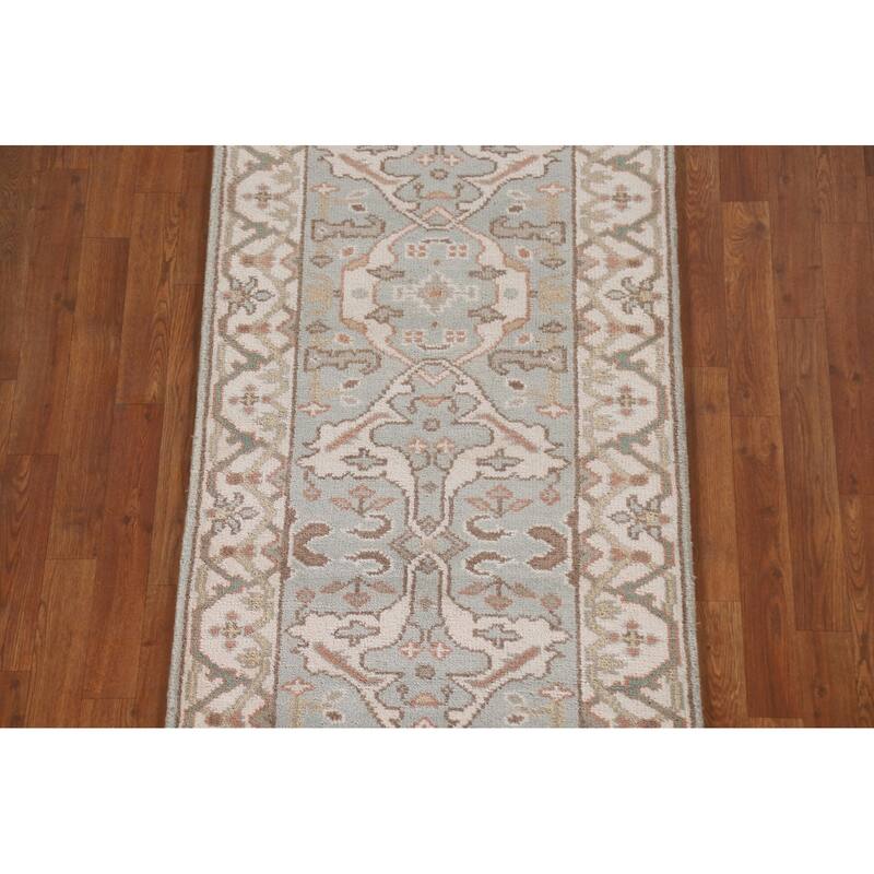 Floral Blue Oushak Runner Rug Hand-knotted Wool Carpet - 2'9"x 9'10"
