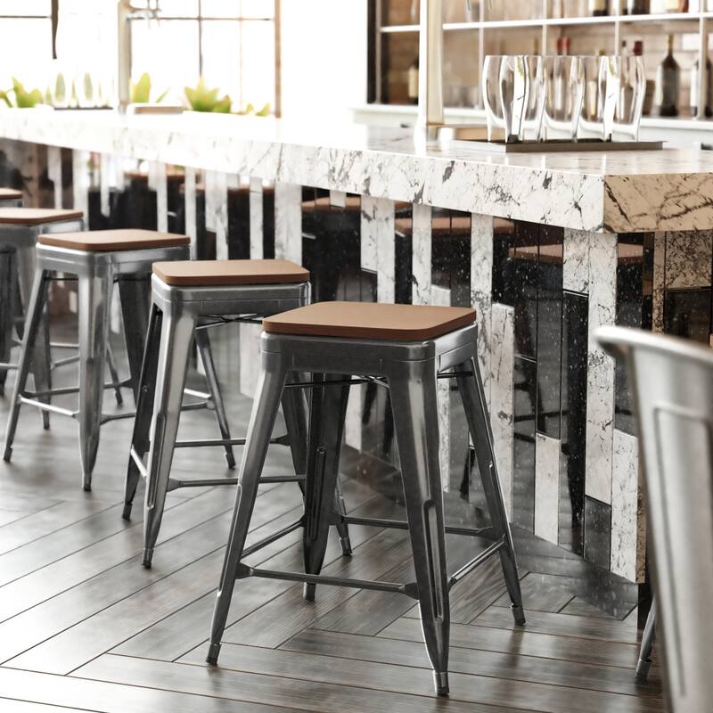 Indoor/Outdoor Backless Counter Stool with Poly Resin Seat - Black/Teak