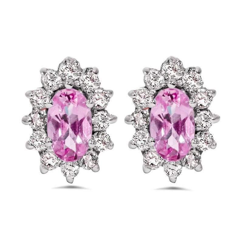 3/4ct Halo Diamond Pink Topaz Studs White Gold