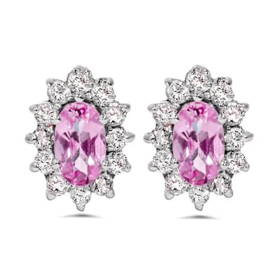 3/4ct Halo Diamond Pink Topaz Studs White Gold