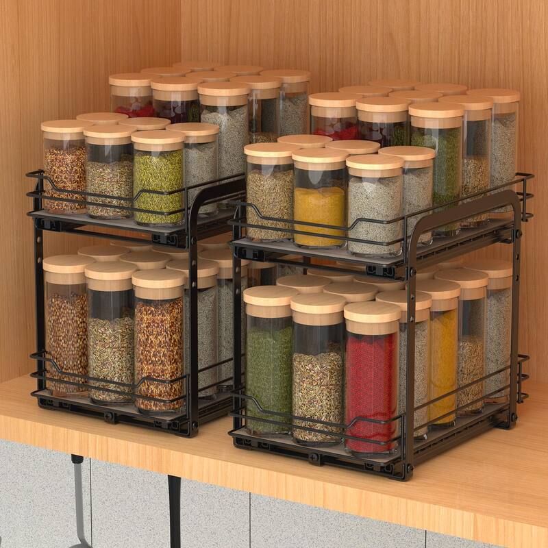 2-Tier Spice Rack, Pull Out Cabinet Organizer Spice Racks Height Adjustable Heavy Duty Metal Basket (7.5''Wx10.5''Dx9.5''H)