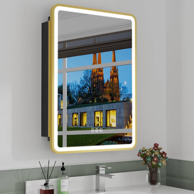 Milo LED Iron Medicine Cabinet with Mirror, Dimmable, Anti-fog, Adjustable Glass Shelves, Recessed or Surface Mount - 16"W x 28"H Left Hinge - Gold