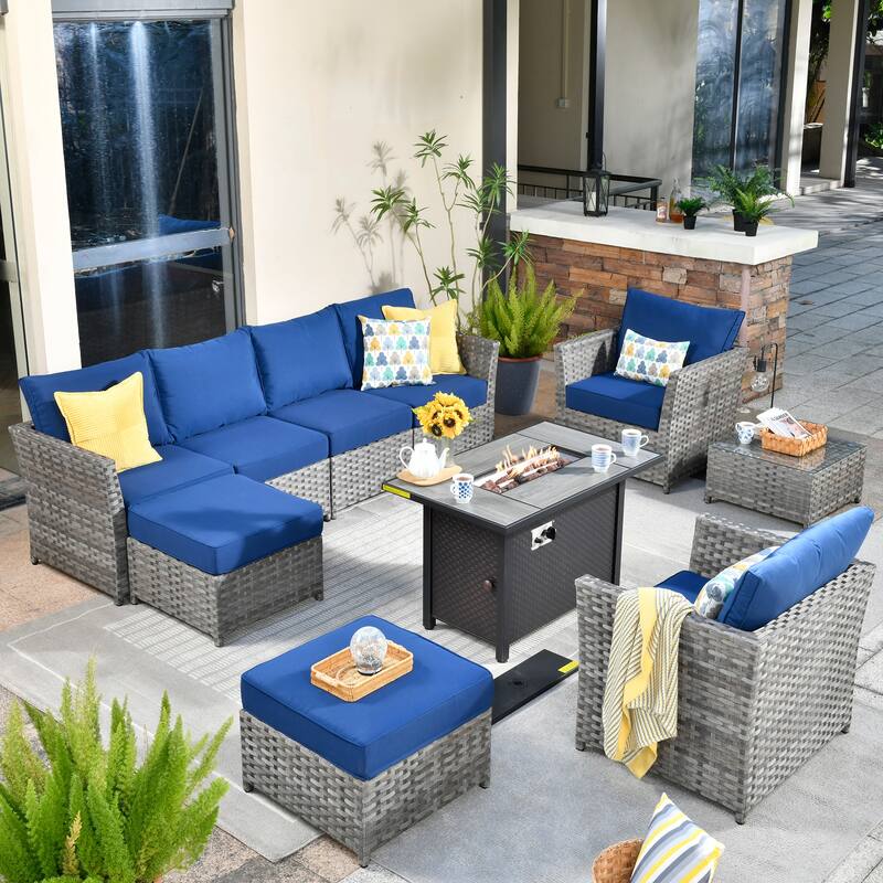 XIZZI 10-piece Patio Furniture Outdoor Sectional Sofa Set with Fire Pit - Navy Blue