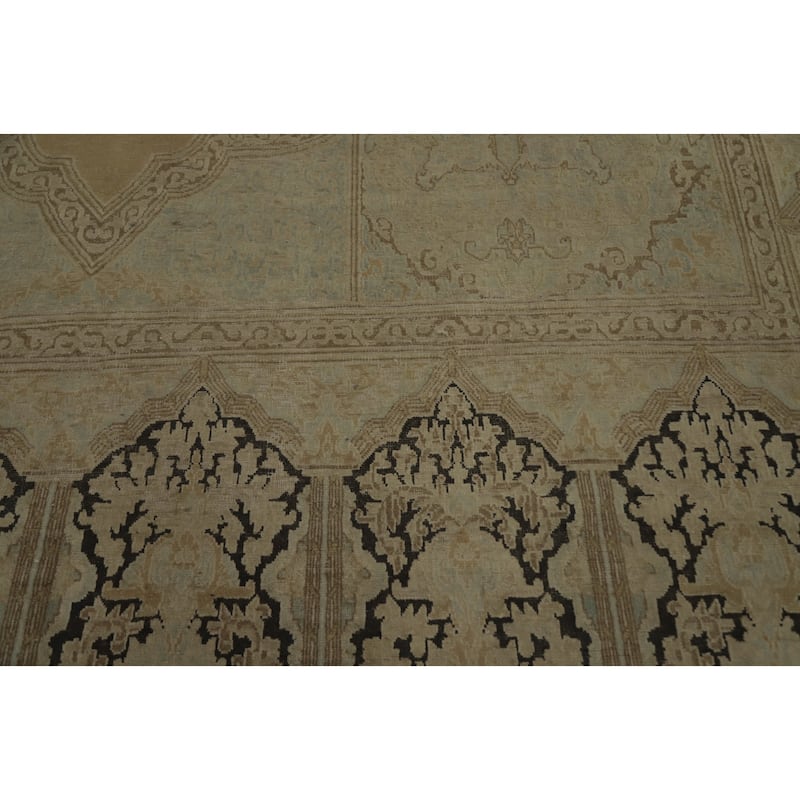 Hand Knotted Oriental 100% Wool Carpet Traditional Medallion Beige & Ivories Kerman Area Rug - 13' 8'' X 9' 9''