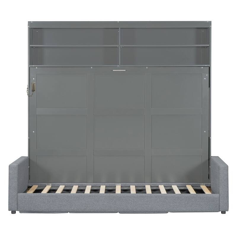 Foldable Canbinet Bedframe Storage Murphy Bed Queen Size Wall Bed with Integrated Linen Upholstered Sofa and Open Shelves