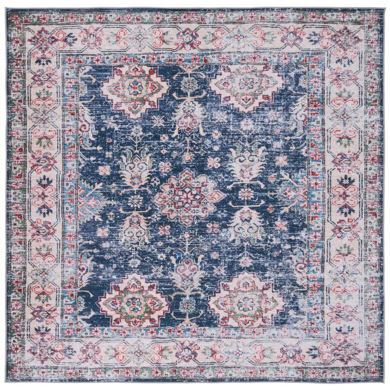 SAFAVIEH Tucson Machine Washable Slip Resistant Fraida Oriental Rug - 6' Square - Navy/Beige