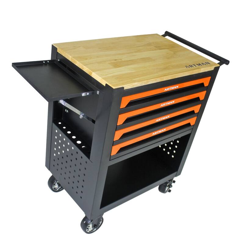 4 Drawers Multifunctional Tool Cart with Wheels and Wooden Top Multiple Uses - Home office or garage