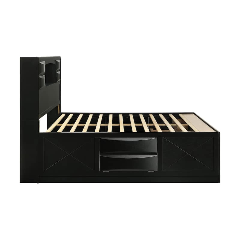 Wood Bed with Storage Drawers in Black