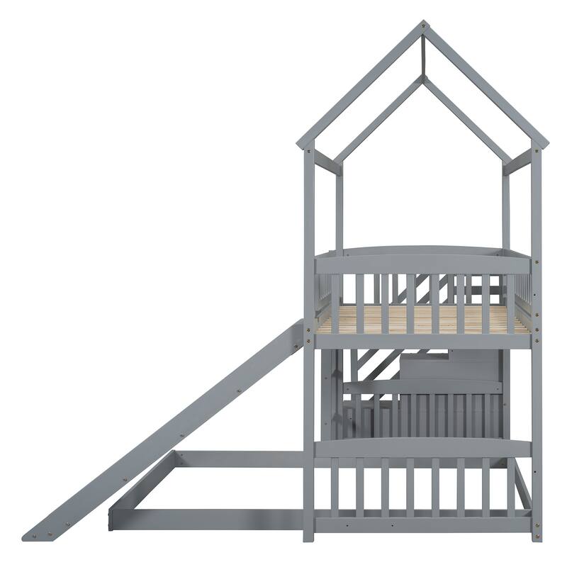 Twin Over Full Bunk Bed with Slide and Storage, Gray