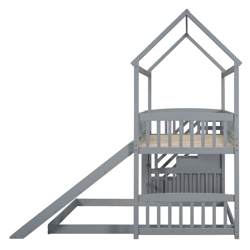 Twin over Twin Pine Wood Bunk Bed with Two Drawers and Slide
