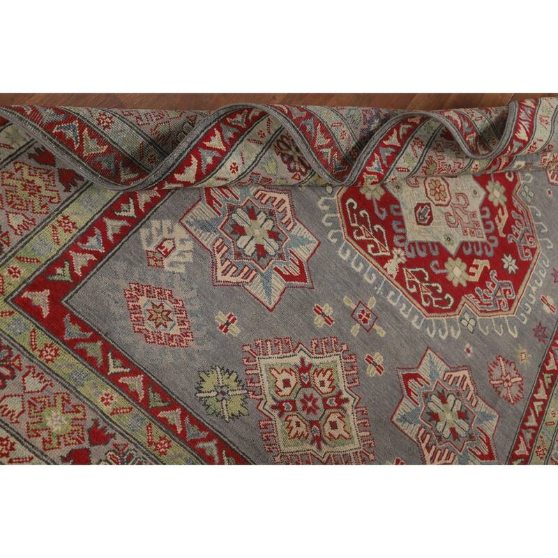 Gray Geometric Kazak Oriental Area Rug Handmade Wool Carpet - 5'7" x 7'11"