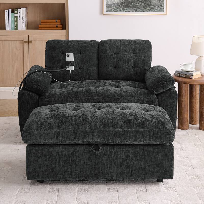 Double Recliner Chair with Adjustable Backrest, Storage Ottoman, USB Port & Phone Stand