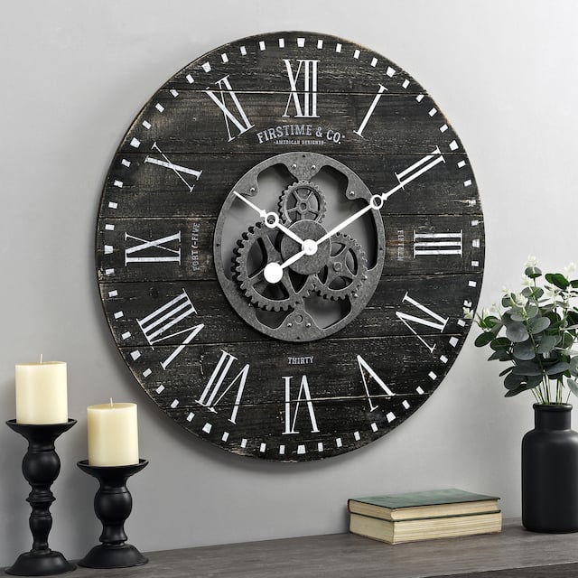 FirsTime & Co. Shiplap Farmhouse Gears Wall Clock - Black