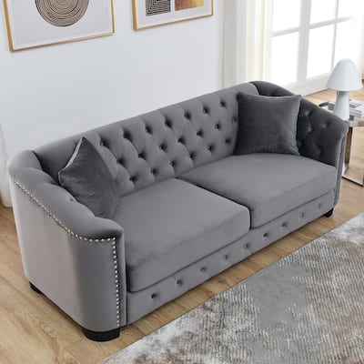 77'' Modern Velvet 3-Seater Sofa with Tufted Backrests, Nailhead Trim, and 2 Pillows