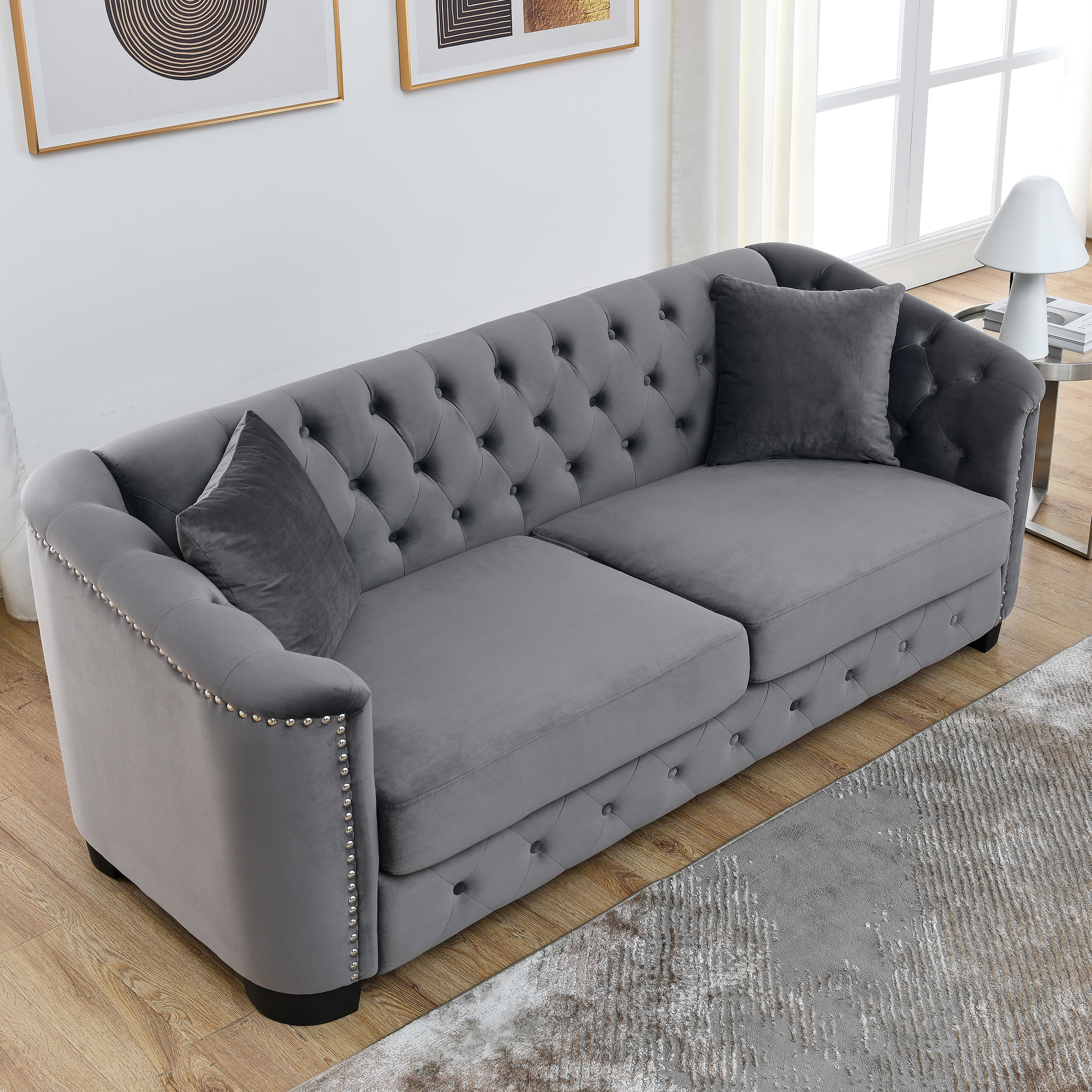 77-inch Chesterfield Velvet Sofa, 3-Seater Tufted Couch with Nailhead Arms and 2 Pillows