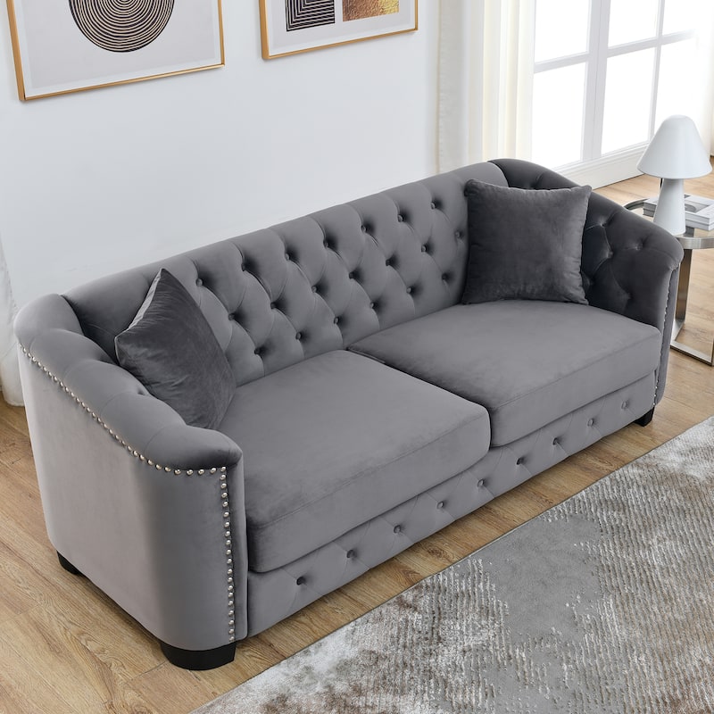 Roomfitters 5-Seater Chesterfield Sofa Set, 3+2 Velvet Tufted Couches with Rolled Arms, Nailhead Trim and Cushions