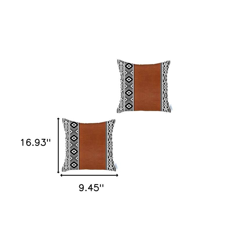 HomeRoots Set Of Two 17" X 17" Brown Geometric Zippered Handmade Faux Leather Throw Pillow Cover