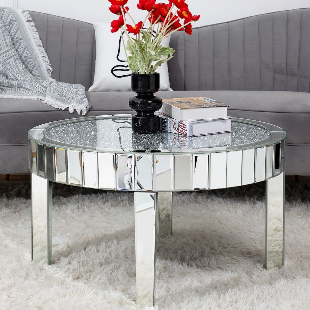 Modern Mirror Glass Round Coffee Table with Crushed Diamond