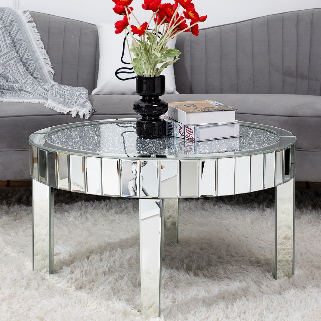 Modern Mirror Glass Round Coffee Table with Crushed Diamond
