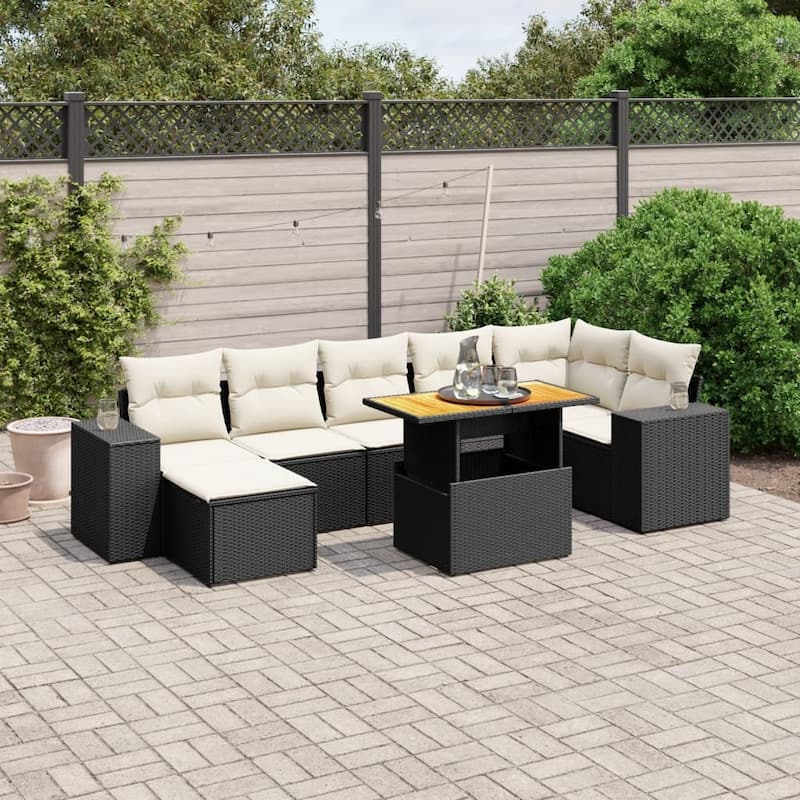 vidaXL Patio Sofa Set with Cushions Outdoor Conversation Furniture Poly Rattan - 21.7 x 24.4 x 27.2 - Black+Cream-3 middle+3 corner+footrest+table