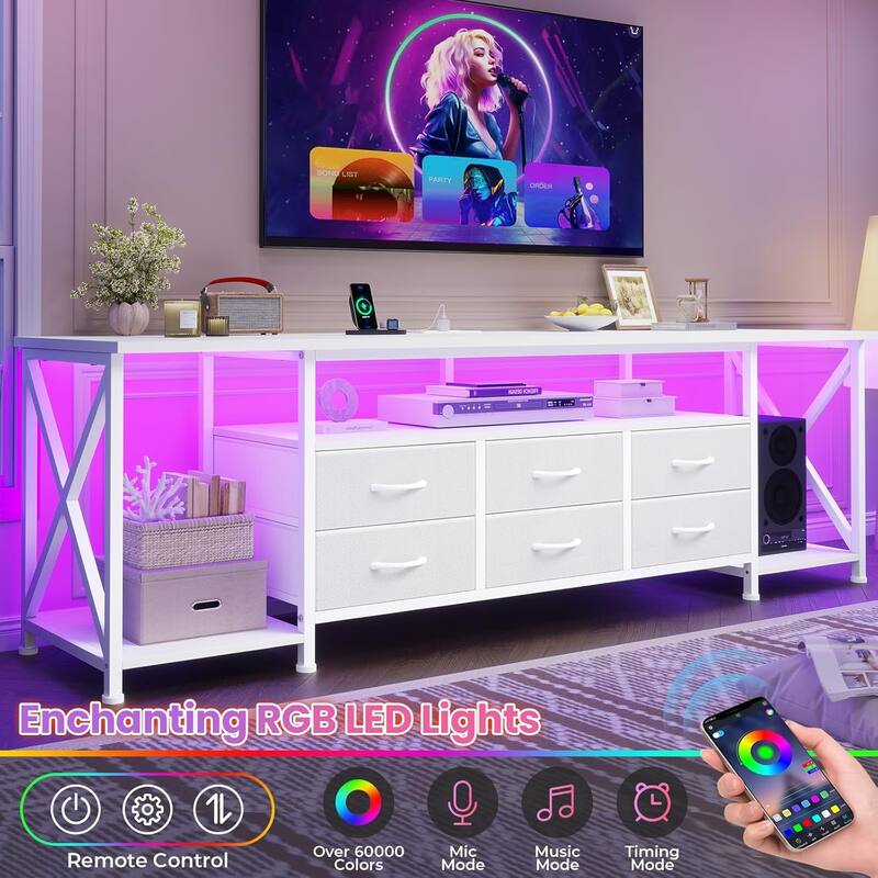 TV Stand with LED Lights Power Outlets Dresser Fabric Drawers Entertainment Center