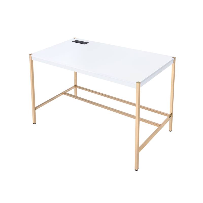 Contemporary Writing Desk with USB Charging Port, High Gloss Finish and Metal Base for Home Office or Study