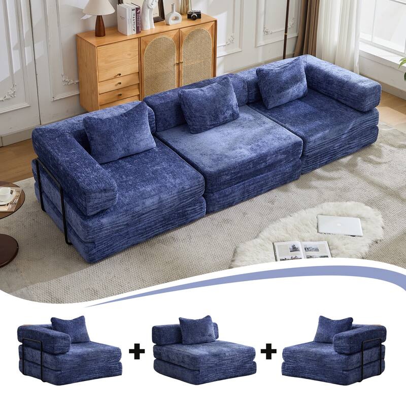 Free Combination Lazy Folding Sectional Sofa Chenille Modular Sleeper Sofa Bed Floor Standing Compression Mattress