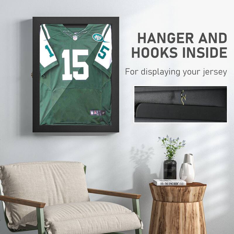HOMCOM 28" x 35" Jersey Display Case, Wall-Mounted Memorabilia Acrylic Shadow Box with Hanger, Black