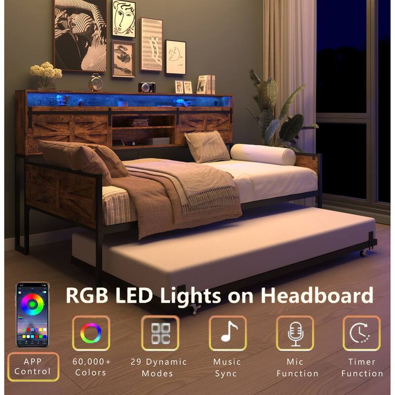 Farmhouse Twin Daybed with Trundle, Heavy Duty Metal Sofa Bed Frame with LED Headboard, Sliding Barn Door and Charging Station