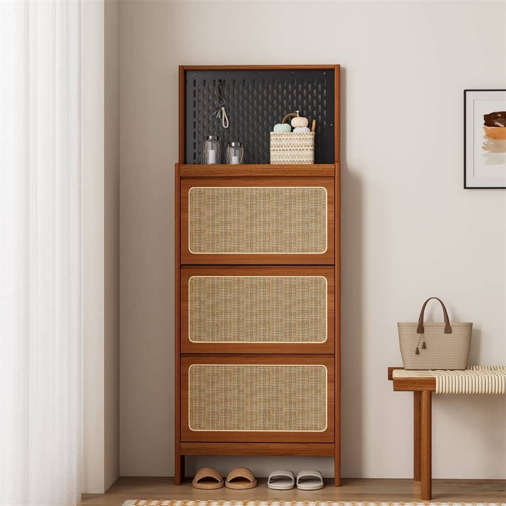 Rattan Free Standing Shoe Rack with 3 Flip Drawers & Black Pegboard