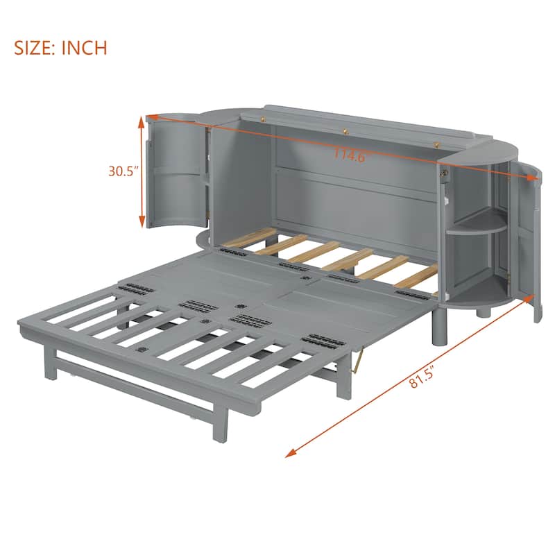 Queen Size Murphy Bed with Hidden Storage, Side Cabinets, and Woven Drawer Design, Space-Saving Foldable Bed