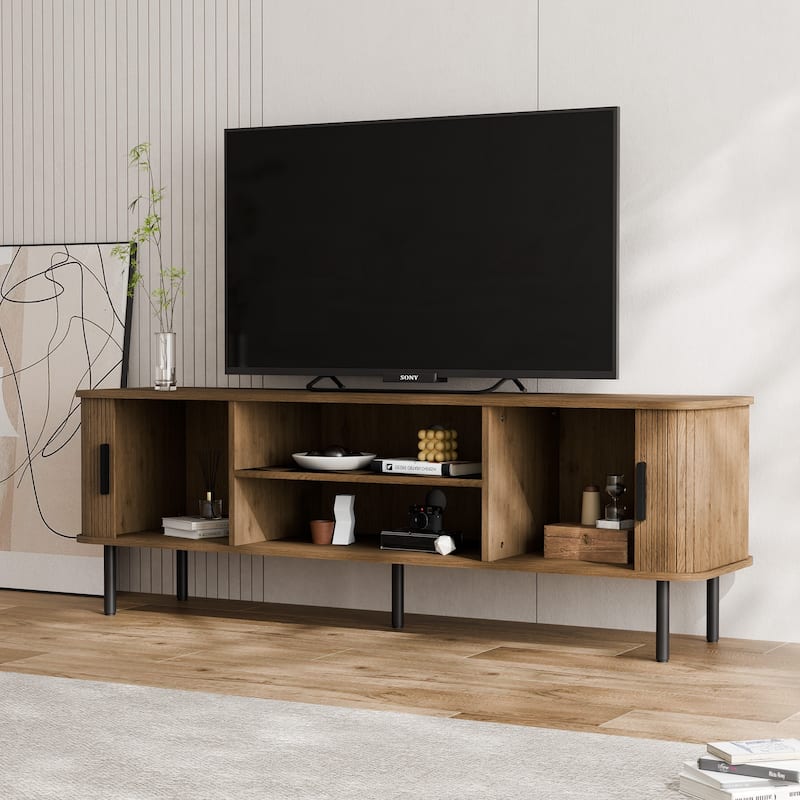 Mid-Century Modern Media Console, Tambour TV Stand with Storage Cabinet and Shelf