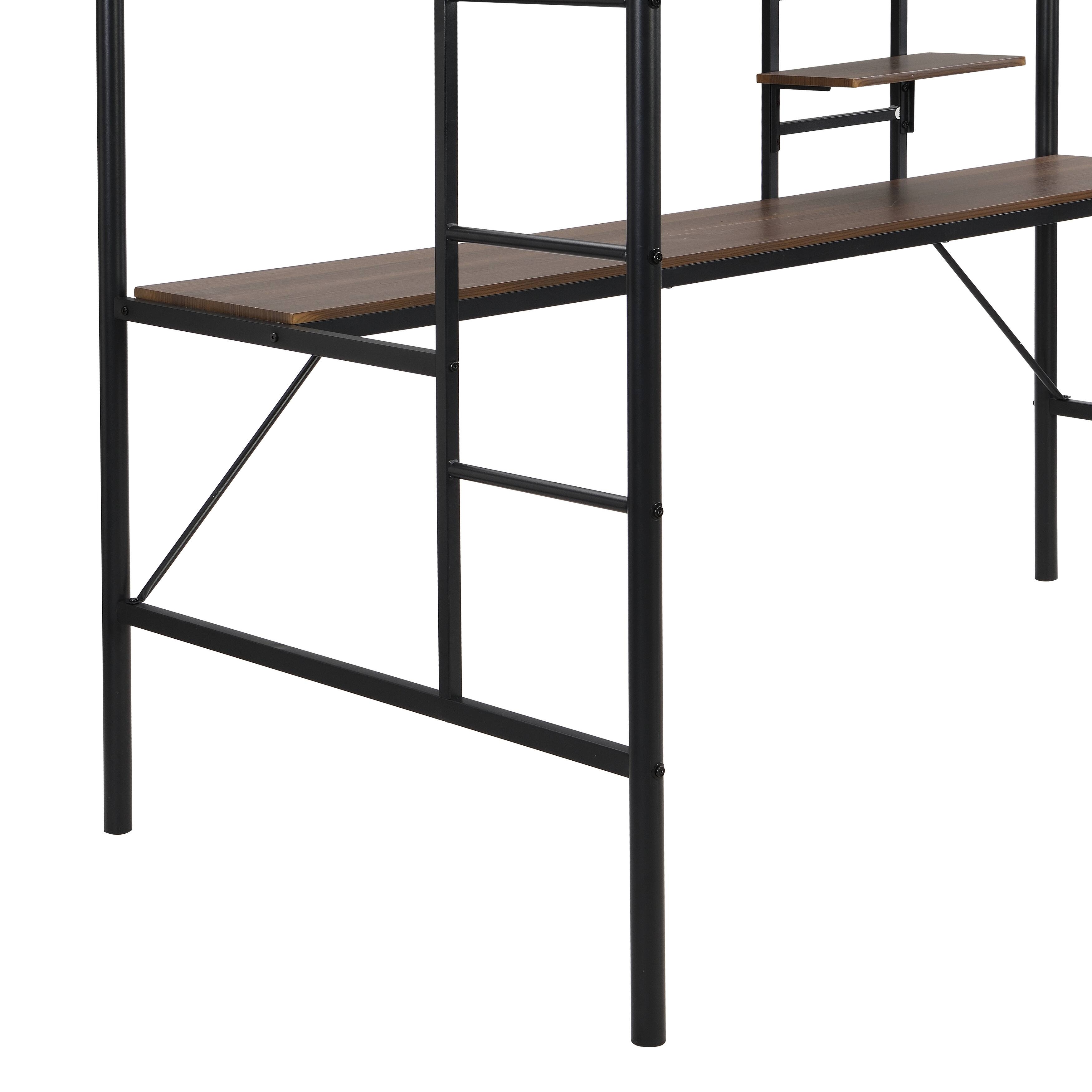 Metal Twin Loft Bed with Desk, Storage Shelves, Ladders, and Safety