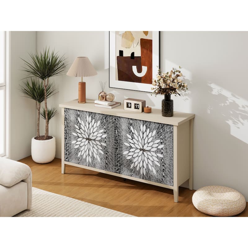4 Door Carved Storage Cabinet, Multifunctional Wooden Sideboard Cabinet, Accent Cabinet with Adjustable Shelves & Support Feet