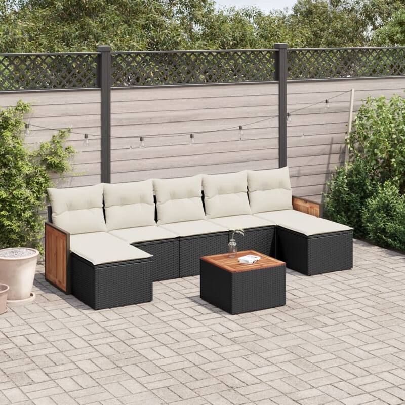 vidaXL Patio Sofa Set with Cushions Outdoor Conversation Furniture Poly Rattan - 21.7 x 21.7 x 14.6 in - Black and cream with table