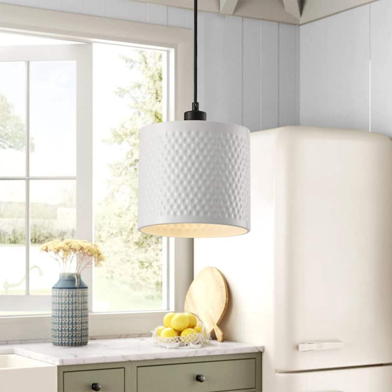 Modern Pendant Light Fixture with Hammered Metal Shade Adjustable Height