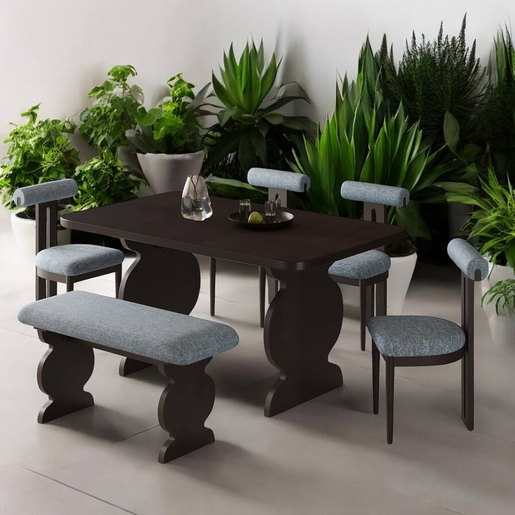 6-Piece Mid-Century Modern Dining Table Set with Bench & Upholstered Chairs - Solid Wood Frame, Seats 6 for Dining Room