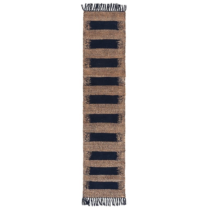 SAFAVIEH Handmade Natural Fiber Julietta Jute & Cotton Rug - 2' x 9' Runner - Natural/Navy