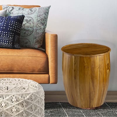 25 Inch Round Accent Side Table, Mango Wood, Barrel Shape, Classic Brown