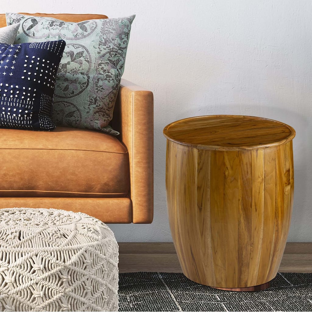 25 Inch Round Accent Side Table, Mango Wood, Barrel Shape, Classic Brown