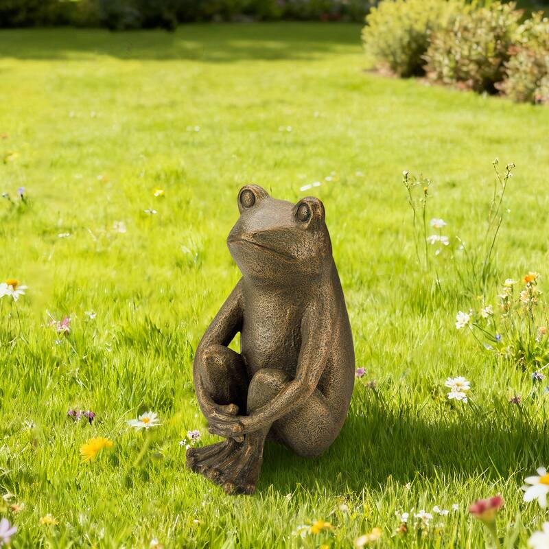 Glitzhome 12''H Resin Bronze Squatting Sitting Frog Statue