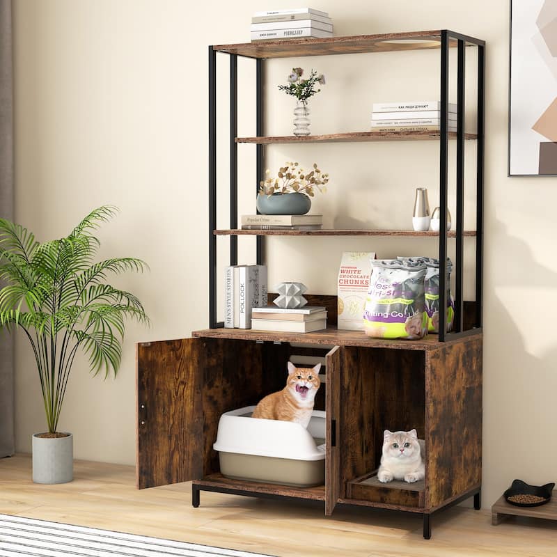 Cat Litter Box Cabinet with Storage Space & 3-Tier Shelves, Modern Design - 33.5" x 18" x 61" - Rustic-Brown-Black 