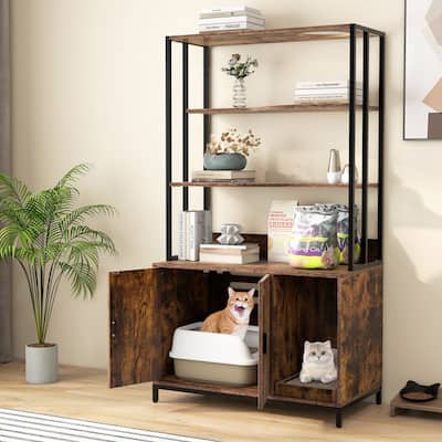 Cat Litter Box Cabinet with Storage Space & 3-Tier Shelves, Modern Design - 33.5" x 18" x 61"