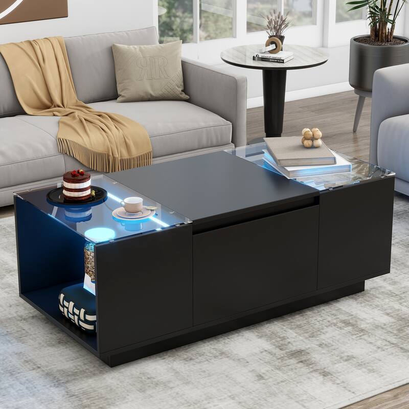 LED Coffee Table with 2 Drawers, Rectangle High Gloss Center Table, Modern Glass Tabletop Storage Table for Living Room - Black