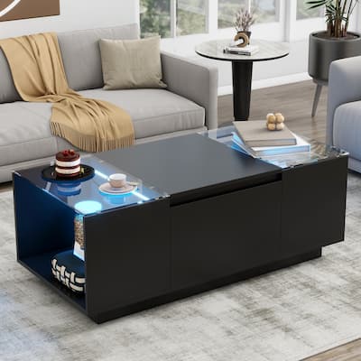 Led Coffee Table,Center Table with High-Gloss Finish and Glass Tabletop,with Open Storage Compartment and 2 Hidden Drawers