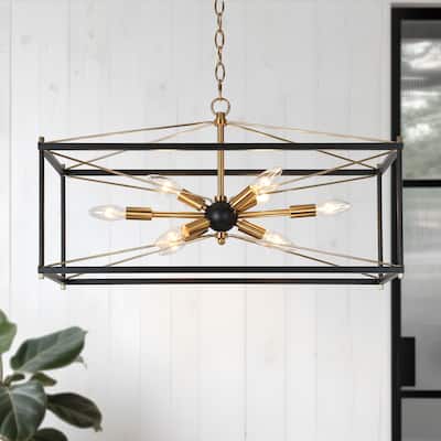 Leno Modern Farmhouse 8-Light Black Gold Rectangle Chandelier Starburst Island Lights for Dining Room - 26" L x 10" W x 14" H