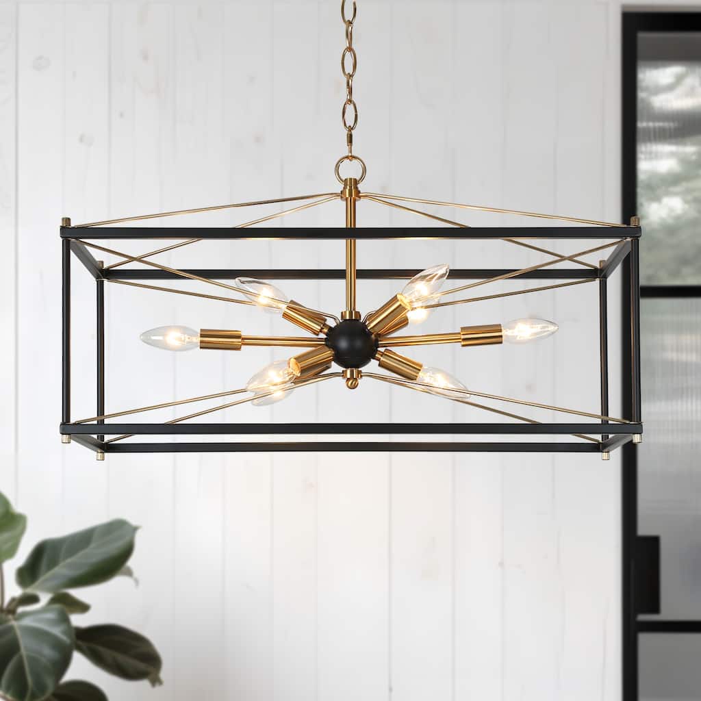Leno Modern Farmhouse 8-Light Black Gold Rectangle Chandelier Starburst Island Lights for Dining Room - 26" L x 10" W x 14" H
